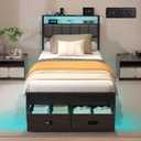 Twin Bed Frames with Storage Drawer, Platform Bed with Charging Station and LED Lights, Upholstered Headboard with 2-Tier Storage Shelves, No Box Spring Needed
