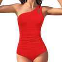 Century Star One Shoulder One Piece Swimsuit Women Tummy Control Modest Bathing Suits Full Coverage Swimming Suits Swimwear (Small, Red)