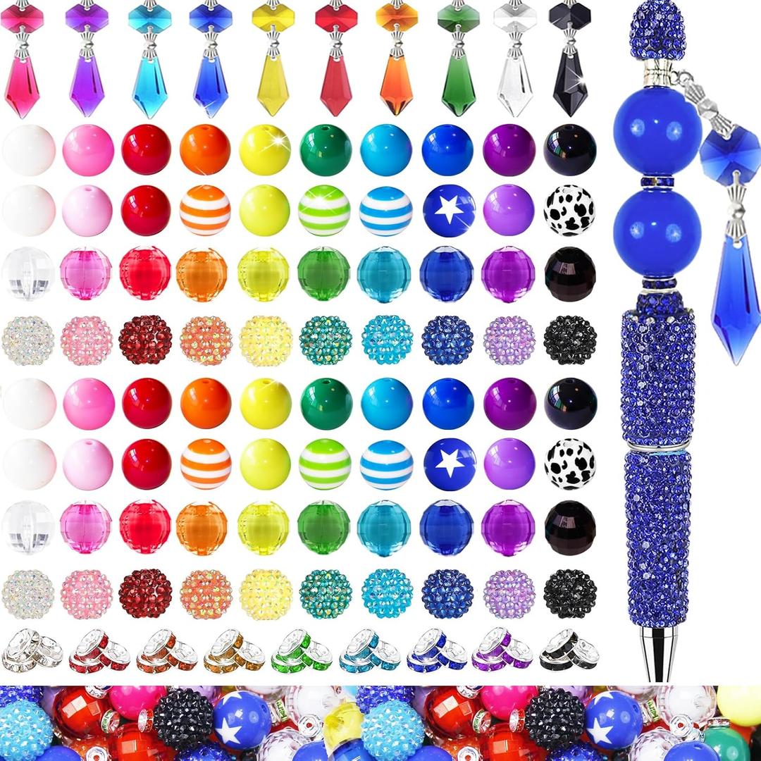 315Pcs 20mm Beads for Pens Making with Rondelle Spacer Beads Mixed Acrylic Focal Bubblegum Bead Crystal Round Sparkly Chunky Bead for Pens Beadable Necklace Keychain DIY Craft Jewelry Making Supplies