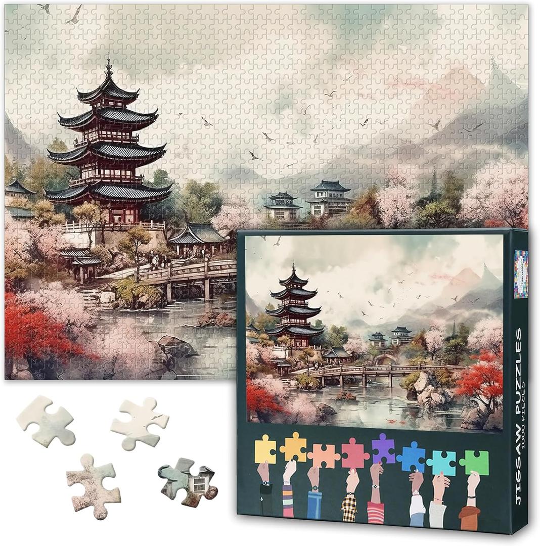 Pagoda and Cherry Blossoms Puzzles 1000 Pieces for Adults Beautiful Landscape Puzzle for Adults Home Decor Scenery and Landscape Painting Jigsaw Puzzles as Gifts for Family Friends 27.5"X19.7"