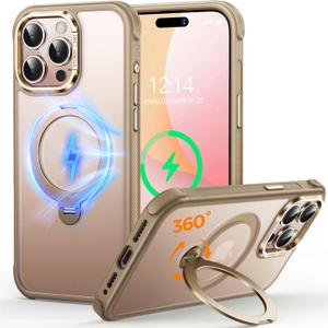 O3 Mag-Stand Designed for iPhone 15 Pro Case with 360 Spin Stand, [Compatible with MagSafe][Super Skin Feeling] Translucent Matte Magnetic Slim Phone Case 6.1 inch, Desert Gold