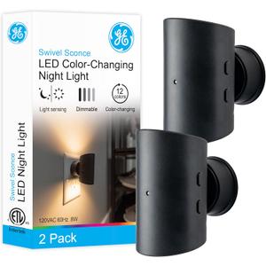 GE Directional Swivel Sconce Night Light, Plug-in, Color-Changing & Dimmable, Warm White, Dusk-to-Dawn Sensor, Adjustable for Hallway, Bedroom, Stairway  2 Pack 83591