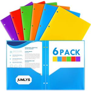 Jumlys 6 Pack 2 Pocket Folders with 3 Holes Punch, Plastic Folder for 3 Ring Binder, Heavy Duty Folders with Pockets for Letter Size Paper, Multicolor Folder for School and Office