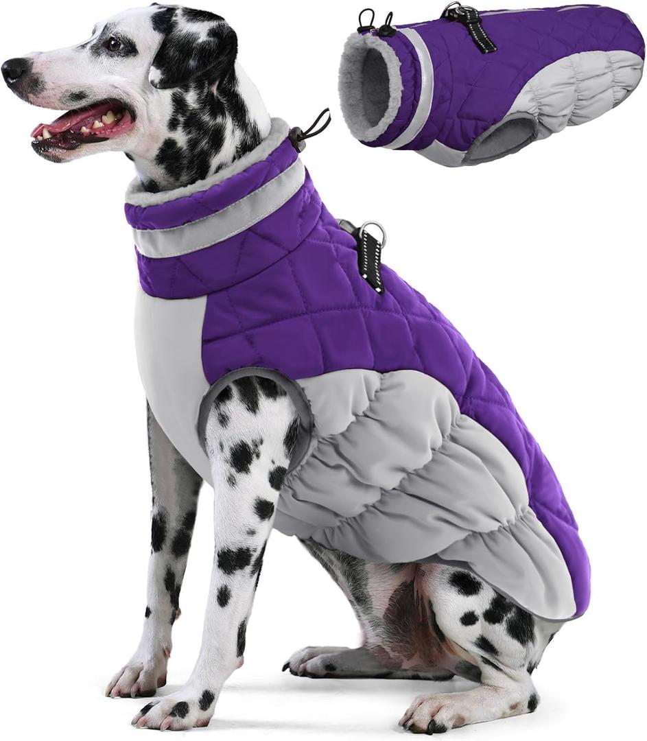 AOFITEE Dog Coat, Warm Dog Jackets for Large Dogs, Reflective Turtleneck Dogs Winter Coat with Harness Built in, Waterproof Windproof Pet Snow Jacket Fleece Vest for Cold Weather, Purple XXL