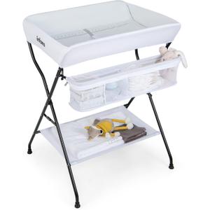 INFANS Baby Changing Table, Folding Diaper Station Portable Nursery Organizer with Safety Belt and Large Storage Racks for Newborn Baby and Infant (White)