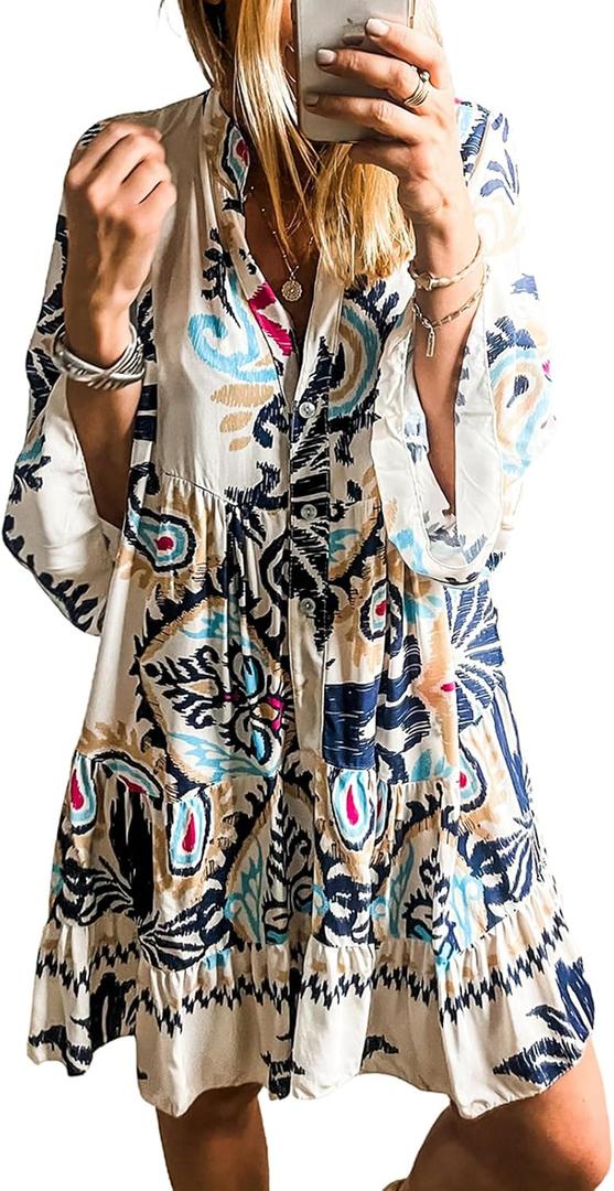 SELINK Womens Long Sleeve Dresses Casual V Neck Tribal Print Button Flowy Boho Mini Beach Dress (Beige)