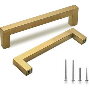 TooCust Brushed Brass Square Drawer Pulls 5 Pack, Modern Gold Cabinet Handles with 6-1/4 Inch (160mm) Hole Centers, Kitchen Cabinet Hardware and Dresser Pulls