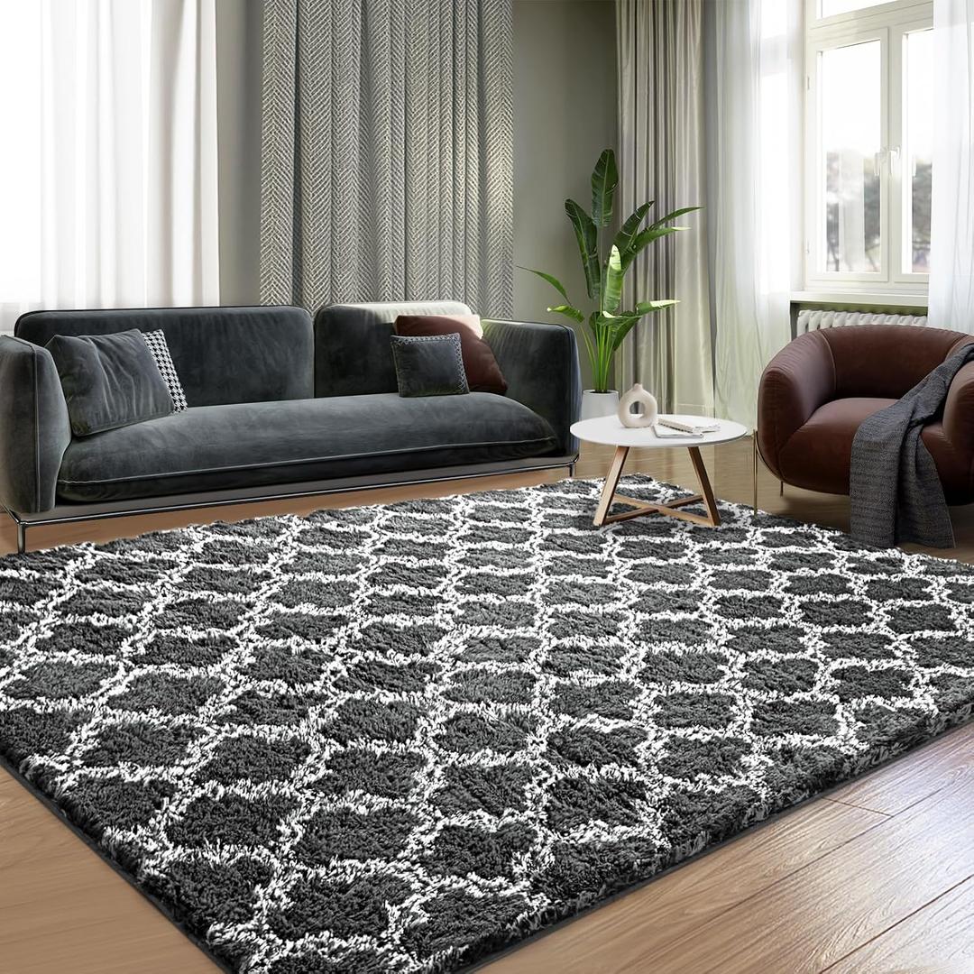 Shag Area Rug 5x7 Feet Extra Soft Rugs for Living Room, High Pile Indoor Carpet for Bedroom, Playroom, Nursery, Home Decor, Geometric, Dark Grey/White