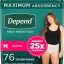 Depend Fresh Protection Adult Incontinence & Postpartum Bladder Leak Underwear for Women, Disposable, Maximum, Medium, Blush, 76 Count (2 Packs of 38), Packaging May Vary