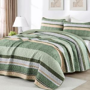 Dobuyly Green Quilt King Size Set, Boho Bedspread King Size, Striped Bedding Sets 3 Pieces, Lightweight Soft Coverlet Bed Sets with 2 Pillow Shams 110"x90"