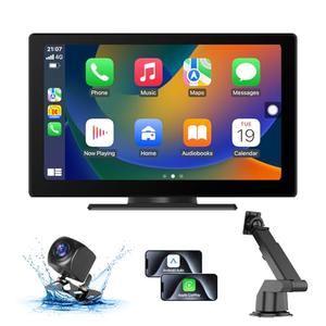 Portable Apple Carplay Screen for Car, 9" HD Car Stereo Screen with Android Auto& Carplay, 1080p Backup Camera, Voice Control, Mirror Link, Bluetooth, GPS Navigation, Aux- Fits All Vehicles