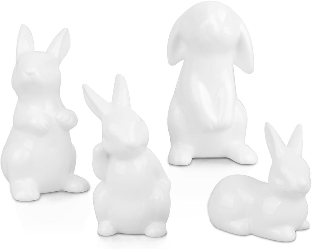 LarpGears Easter Bunny Decor, 4 Pcs Glossy White Ceramic Bunny Figurines Spring Home Gifts Table Centerpiece Arts Crafts Decorations