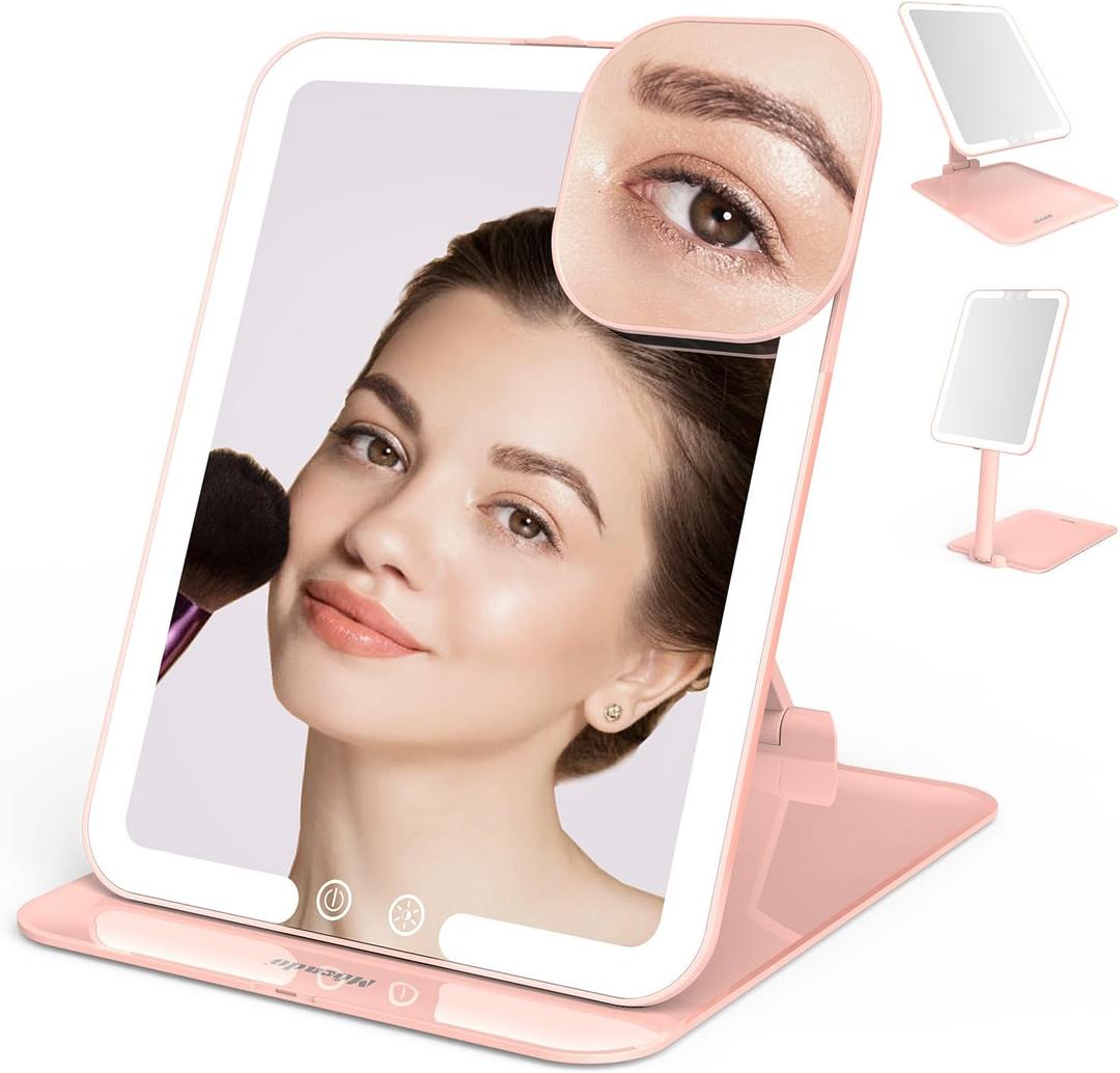 Mocado Travel Makeup Mirror with Light, Tripple Folding Vanity Mirror with Lights, 3 Colors Lighted Makeup Mirror, 1500mAh Rechargeable, Memory Function, Freely Adjust Height and Angle(Pink) (8"L x 6"W)