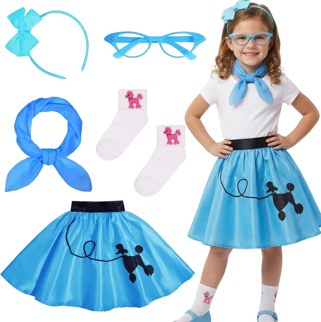 50s Costumes for Girls 1950s Pink Poodle Skirt Set with Eye Glasses Scarf Headband Socks for Kids Halloween Costume (Blue, XS)