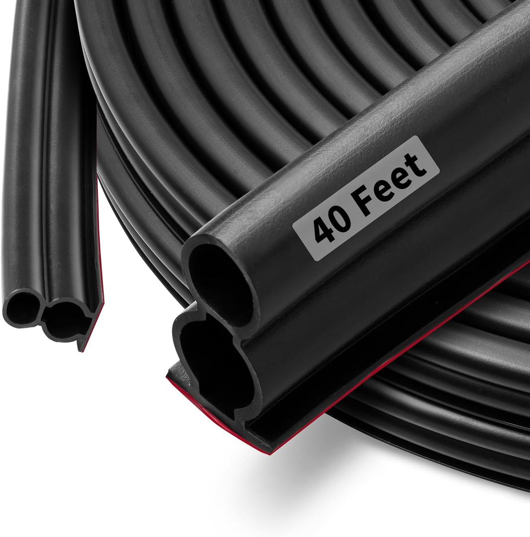40 Feet Rubber Door Weather Stripping Door Seal Large Gap, Self-Adhesive Extra Thick D-Shape Door Seal Strip for Door Frame Door Insulation Strip, Easy Cut to Size(Black) (40Ft)