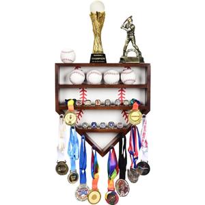Baseball Ring Display Case - 17" Wooden Baseball Ring Holder, Wall Mount Baseball Case Display for Balls, Rings, Medals, Trophies - One Case for All Memorabilia