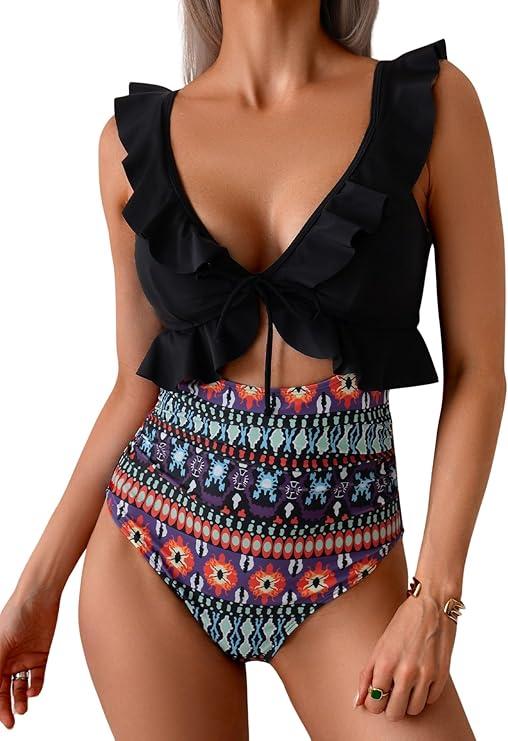 Eomenie One Piece Swimsuit for Women Tummy Control Ruffle Bathing Suit V Neck Ruched Swim Suit Slimming Cutout Swimwear, Black Print, XL