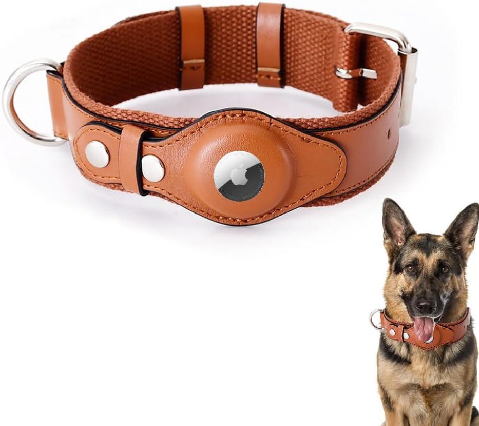 AirTag Dog Collar Soft Leather Webbing Dog Collar for AirTag Provides Double Protection for Small Medium and Large Dogs(Brown,S)