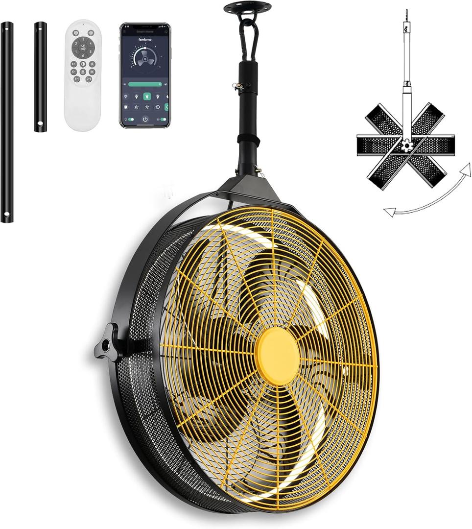 Outdoor Ceiling Fans with Lights for Garage,Gazebo Fan with Hook Remote&APP Control,Dimmable Hanging Fan with Plug in Cord for PergolaPatios,Yellow