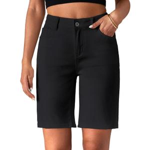 luvamia Bermuda Jean Shorts for Women High Waisted Trendy Stretchy Denim Shorts Knee Length Cutoff Loose Fit Long Shorts (Medium, True Black)