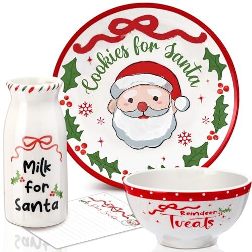 Nitial Christmas Cookies for Santa Plate Christmas Dinnerware Set Cookies for Santa Plate Set with Milk Jar, Reindeer Treat Bowl, and Dear Notepad Eve Gift for Kids(Holly Leaf)