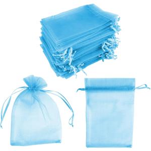 Super Z Outlet 100 Pack 5x7 Inch Mini Sheer Drawstring Organza Transparent Bags Jewelry Sack Pouches for Wedding, Party Decorations, Arts & Crafts Gifts (Light Blue)