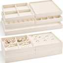 Cinnvoice Set of 10 Stackable Jewelry Organizer Trays for Drawer 14 Inch Velvet Jewelry Drawer Insert Display Storage with Removable Divider for Necklace Earring Ring Watch Bracelet (Beige)