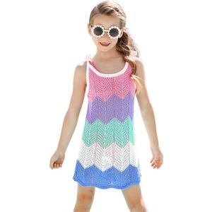 Girls Crochet Bikini Cover Up Beach Swimsuit Sun Protective Pink Spaghetti Strap Mini Dress, with Sunglass, Size 4-5T