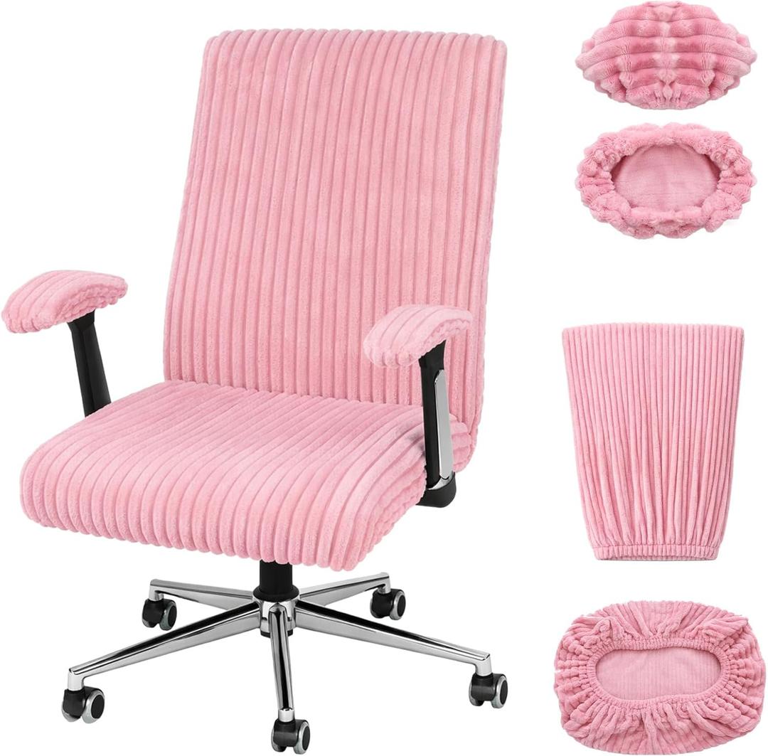 Tegeme Set of 4 Faux Fur Office Chair Covers Set with Armrest Covers, Computer Universal Stretchable Chair Seat Protector Washable Jacquard Computer Seat Slipcovers for Home Office(Pink)