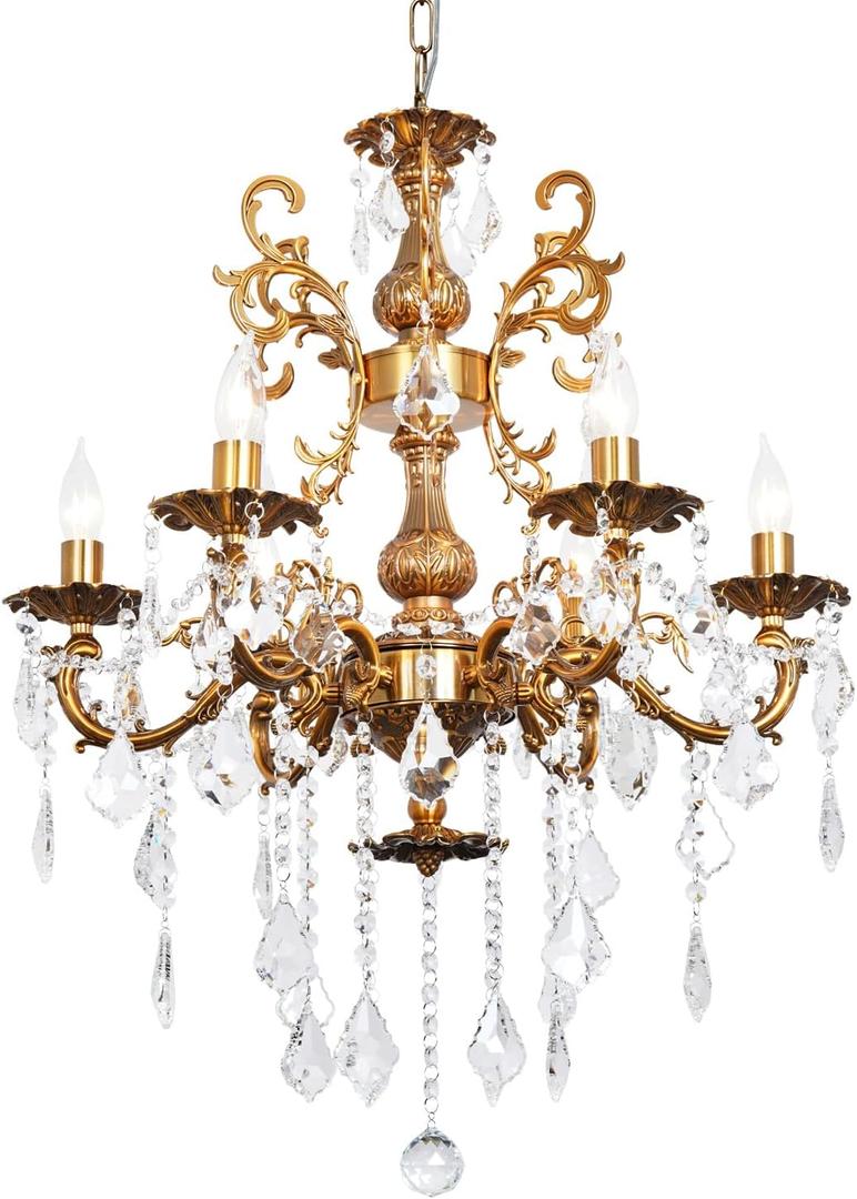 Crystal Chandelier Lighting Modern, Antique Gold Farmhouse Chandeliers 6-Light Crystal Candle Chandelier Ceiling Hanging Light Fixture Dining Room Entrance 23", D23" - 6 lights