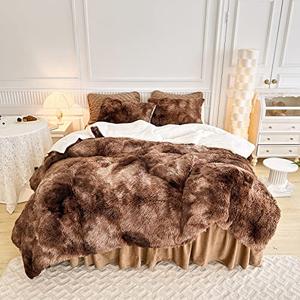 Joyreap 3-Piece Plush Shaggy Comforter Set, Full/Queen Size Luxury Faux Fur Sherpa Reversible Bedding Comforter Set, Ultra Cozy Warm Fluffy Bedding Set for Winter (Tie-dye Coffee, 88x88 inches)