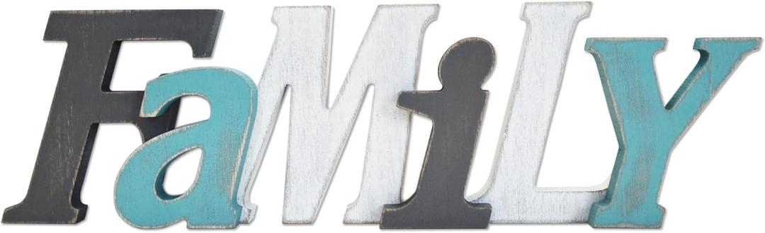 Family Wood Signs for Home Decor in Grey Teal White Multicolor - Rustic Freestanding Stacked Letters for Shelf Mantel- 3D Thick Retro Family Wooden Letter 16x5 Inches