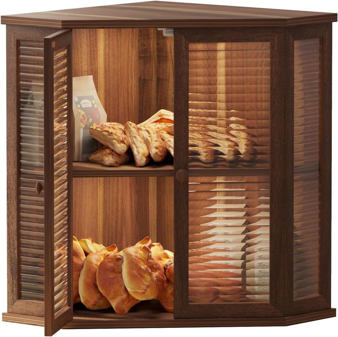Aycarzcy Corner bread box Bread Box for Kitchen Countertop - Corner Bread Storage Box 16.51" H, Premium Wood with Glass Door, Perfect for Homemade Bread, Baguettes & Pastries (Acacia wood)