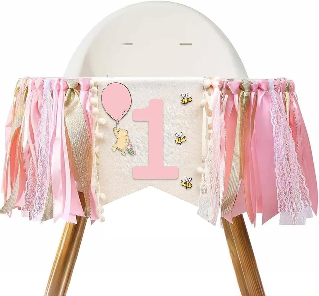 Winnie Pink One High Chair Banner for 1st Birthday Decorations Baby Girl Classic Winnie Banner for First Birthday Decorations