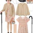 8 Pieces Old Lady Costume for Girls, 100 Days of School Costume for Kids Grandma Wig Granny Dress Cosplay Outifits (3-4T, Light Khaki Cardigan and Orange-white Nightgown)