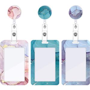 3 Set Heavy Duty Badge Holder with Retractable Reel, Marble Retractable ID Badge Holders with Clip Name Key Card Holder Case for Teacher Nurse Doctor Student Office Gift for Coworkers