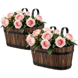 2-Pack Wooden Railing Planters, 13.2 inch Hanging Flower Pots with Detachable Hooks for Balcony, Fence, Deck, Garden, Country Home Decor -Carbonized, Large