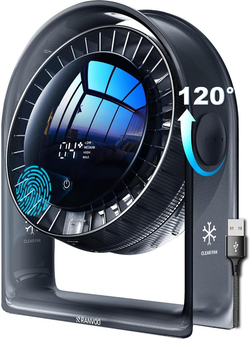 2025 New Desk Fan, Quiet Air Circulator Mini Fan for Bedroom, Portable Smart Display USB Fan, 4 Speeds Strong Airflow, 120Tilt, Small Desktop Table Fans For Office Bedside Room, Translucent Black