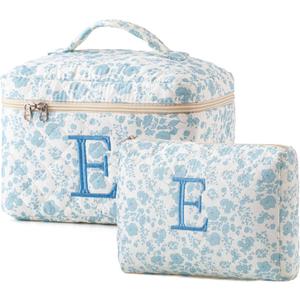 HBselect 2pcs Initial Quilted Cotton Large Travel Cute Floral Coquette Makeup Cosmetic Toiletry Bag for Women Girls, Style E