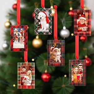 Marsui 11 Pcs Christmas Acrylic Photo Ornaments Hanging Picture Frame Ornaments for Christmas Tree 2 x 3 Inch Small Hanging Picture Frame for Xmas Tree Decoration Winter Holiday Gifts(Plaid)