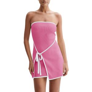 Wenrine Womens Sexy Tube Top Dress Strapless Self Tie Wrap Asymmetrical Hem Knit Summer Party Mini Dresses (Medium, Pink)