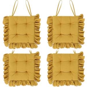 Wenqik 4-Pack Ruffled Chair Cushions with Ties, 16"x16" Turmeric Cotton Fabric Non-Slip Seat Pads for Dining Chairs, Farmhouse Kitchen, Office, and Wooden Chairs