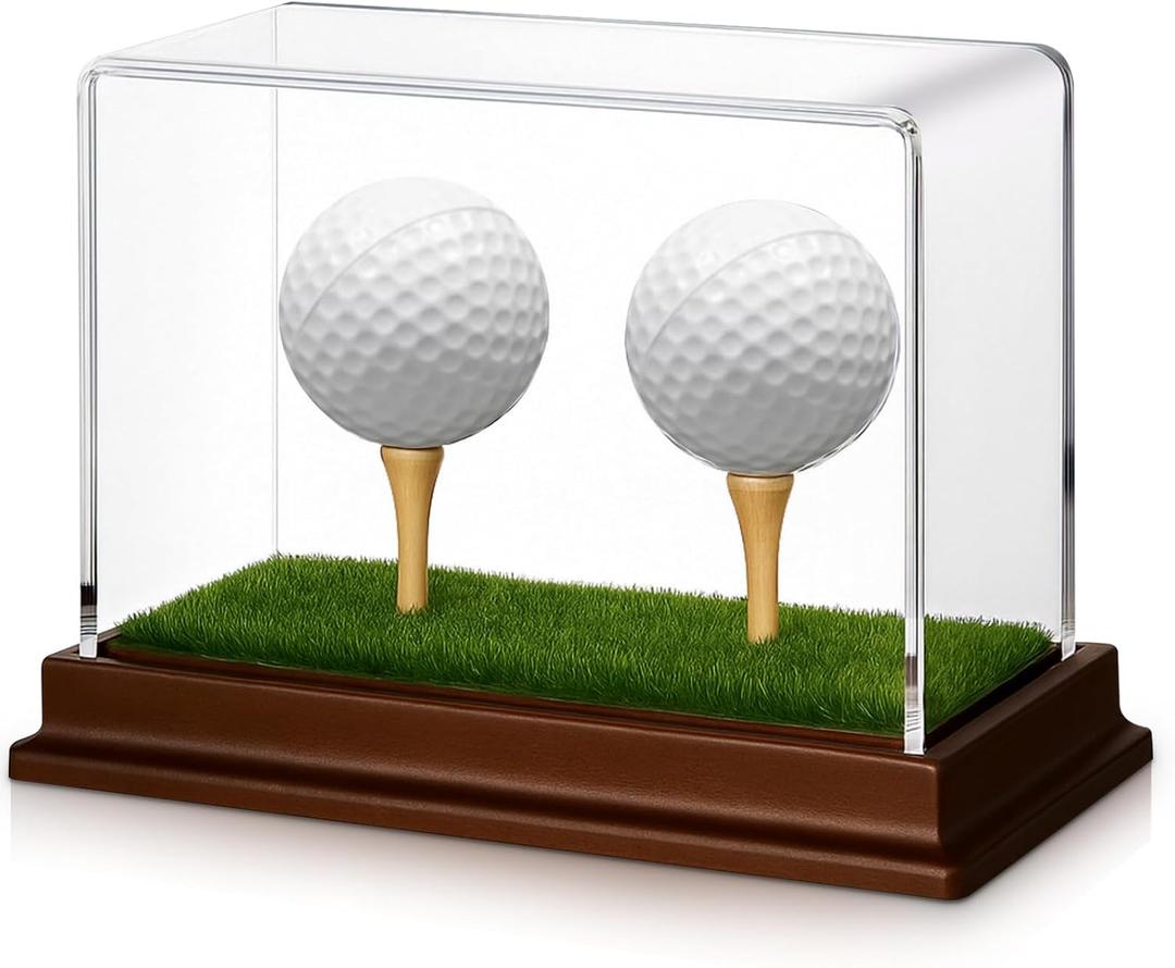 Weysat Golf Ball Display Case 2 in 1 Golf Ball Holder Stand Clear Acrylic Memorabilia Stand Cube Holder with Wood Base & Tee Lifelike Turf Clear Acrylic Case Box for Sport Fan Souvenir Collections