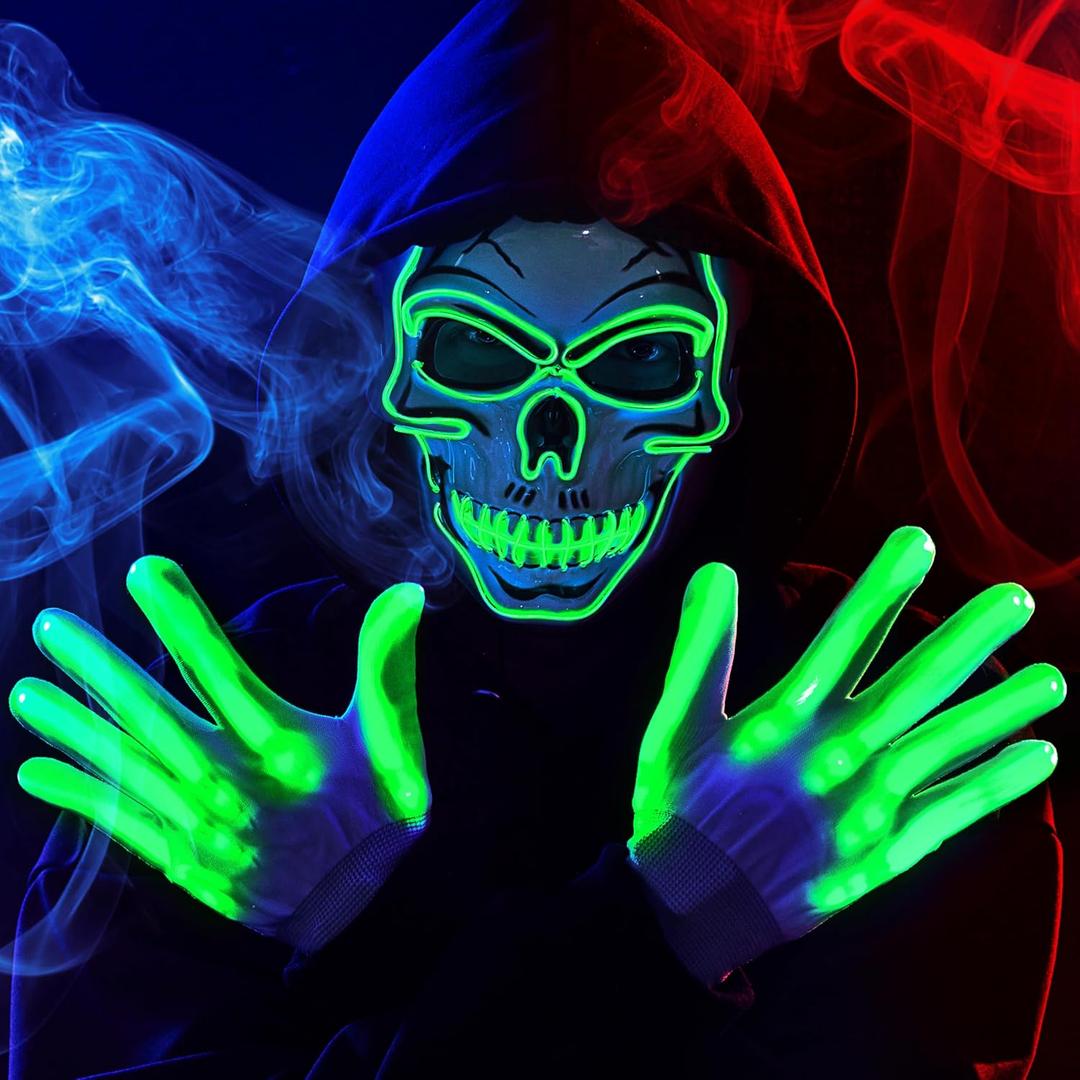 JOYIN Halloween LED Skull Mask with Light Up Gloves, Green LED Light up Skeleton and Scary Glow in The Dark Mask for Adult Men Women Halloween Cosplay Costumes Accessory Party Dress Up