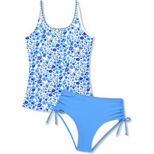 TyeSmo Girls Swimsuits Size 14-16 Two Piece Tankini Square Collar Teen Swimsuits for Girls 14-16 Bathing Suit for Teens Cross Back Girl Bathing Suits Size 14 16 Floral Swimwear with Bottoms