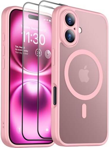 SPIDERCASE Designed for iPhone 16 Case, Magnetic Translucent [2+Full Coverage Tempered Glass Screen Protector] [Full Camera Protection] Anti-Fingerprint Anti-Scratch for iPhone 16 6.1”, Pink