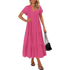 KIRUNDO Summer Maxi Dresses for Women 2026 Spring Fashion Short Sleeve Button V Neck Pleated Loose Tiered Swing Flowy Dress M