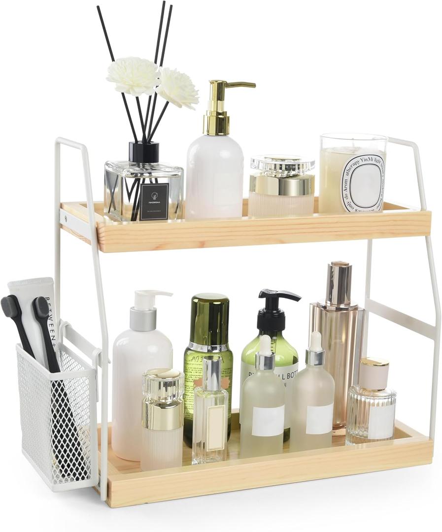 Bathroom Counter Organizer, 2-Tier Standing Storage Shelf with Basket, Wood Tray for Skincare Vanity Organizer(White), 14" x 6" x 13"