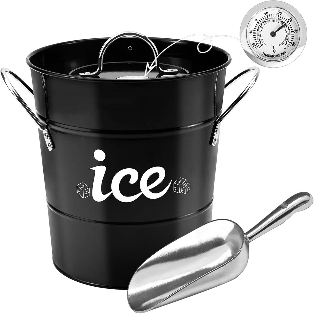 Double Wall Ice Bucket with Thermometer, Metal Wine Chiller Bucket with Lid & Scoop - for Champagne, Wine, Cocktails and Parties, Large Insulated Ice Holder - Perfect for Home & Outdoor Use,Black