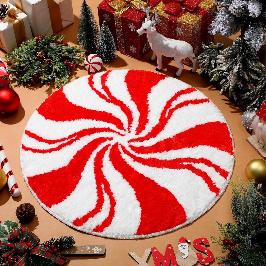 Tinideya Christmas Bathroom Rugs 24 Inch Candy Bathroom Decor Non Slip Christmas Bath Mat Soft Washable Red and White Candy Shower Floor Mat for Tub Living Dining Holiday Bedroom Home Decor